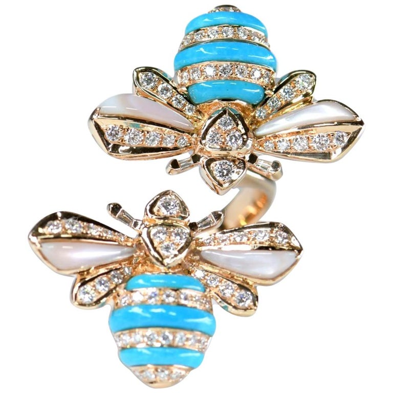 Turquoise Diamond 18 Karat Rose Gold Bee Ring