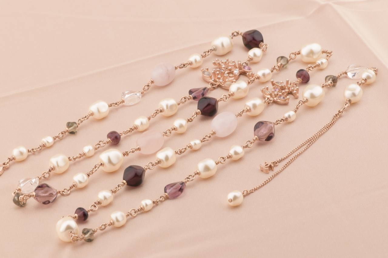 Chanel CC Logo Beads Flower Long Pearl Necklace in Gilt Gold  Dandelion  Antiques