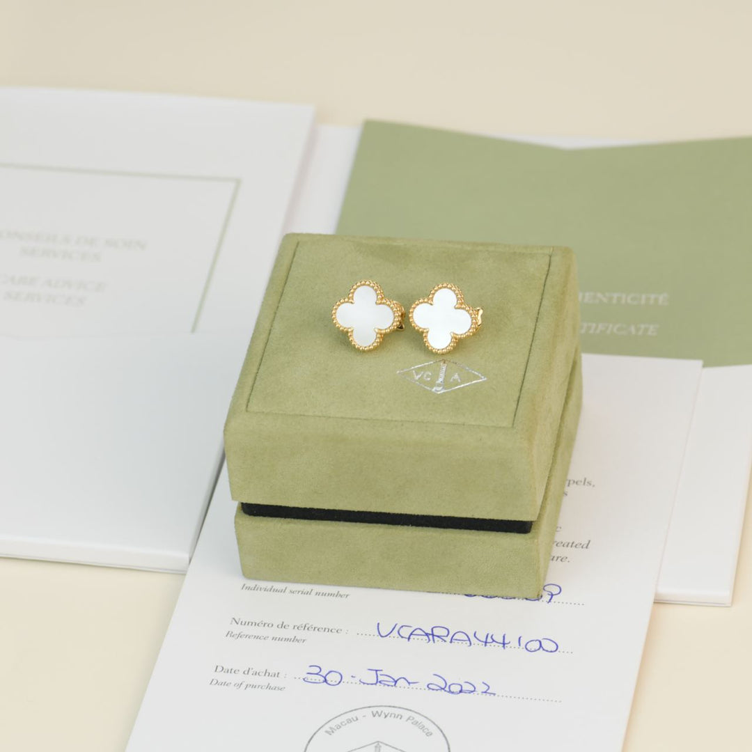 Van Cleef & Arpels Vintage Alhambra Mother of Pearl Gold Earrings with box and paper