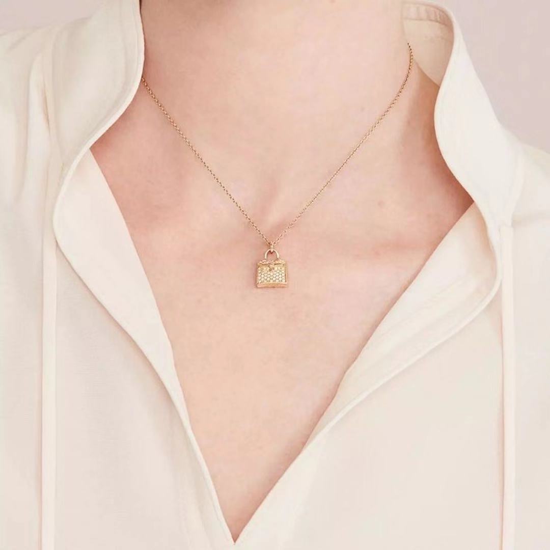 Hermès 18K Rose Gold Diamond Kelly Amulette Pendant Necklace