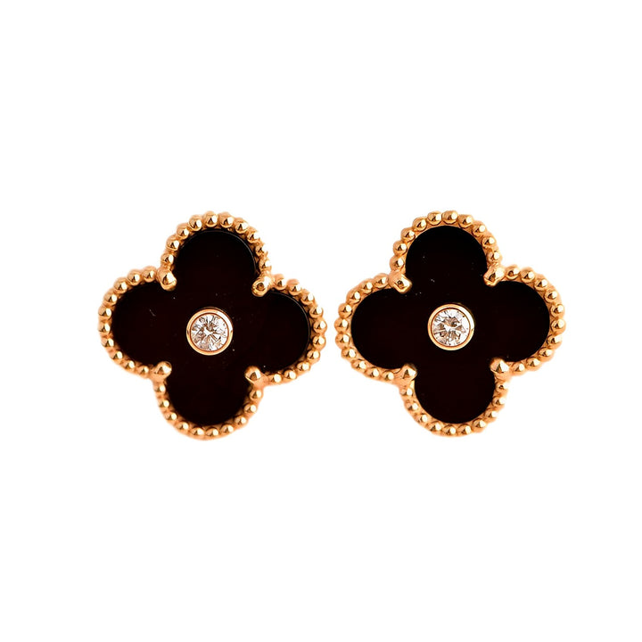 Van Cleef & Arpels Vintage Alhambra Limited Edition Onyx Diamond Gold Earrings