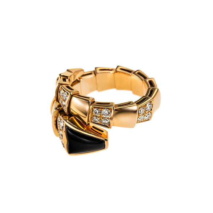 Bvlgari Serpenti Viper One-coil Rose Gold Onyx & Diamond Ring Size M