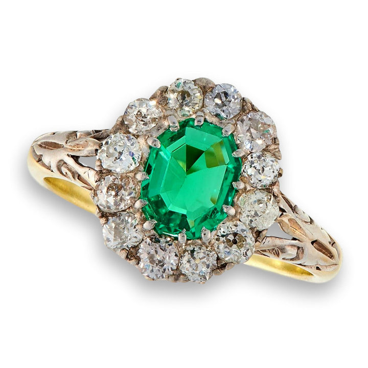 Victorian Colombian Emerald Diamond Cluster Antique Ring-SOLD