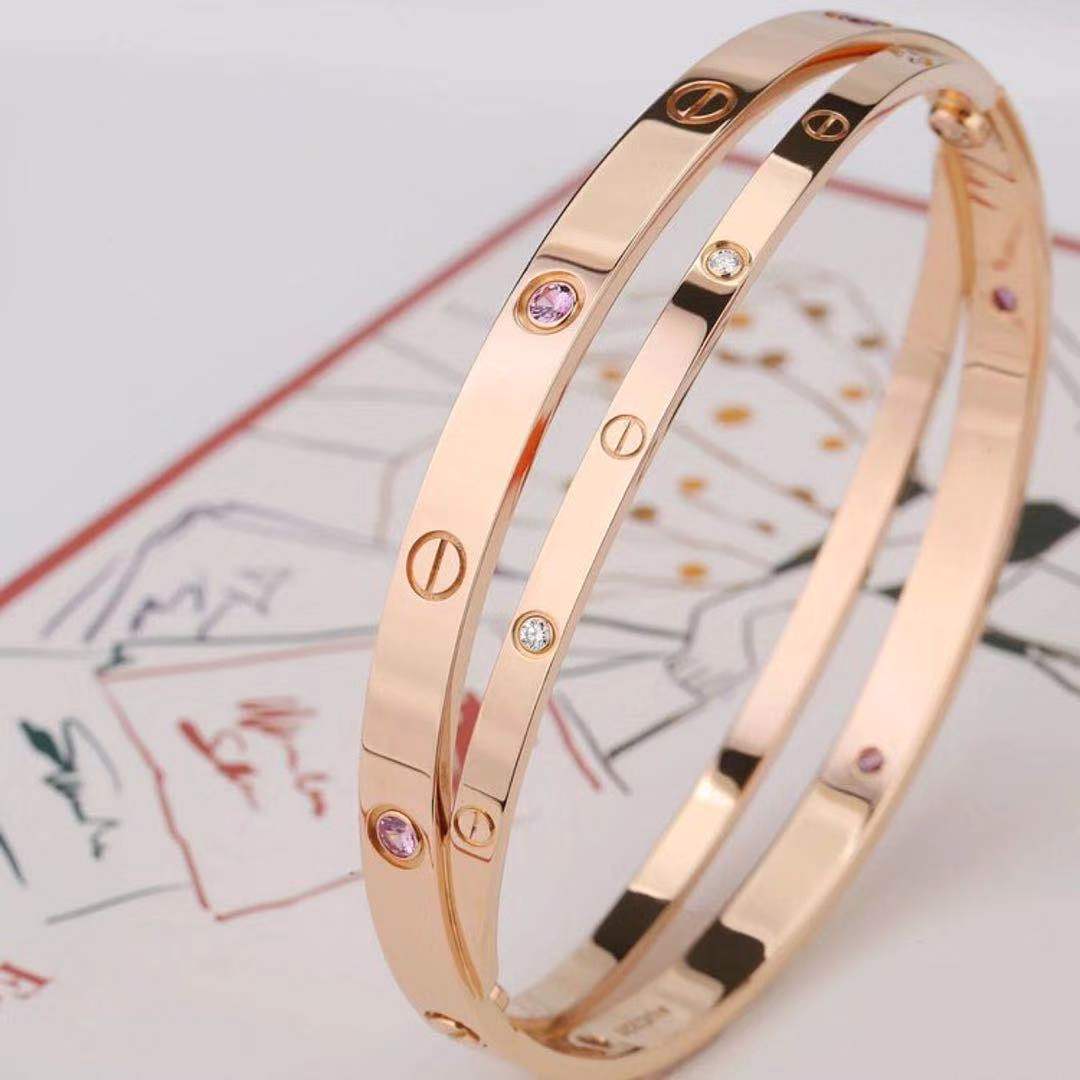 Cartier Rose Gold Diamond Pink Sapphire Love Bracelet Size 17