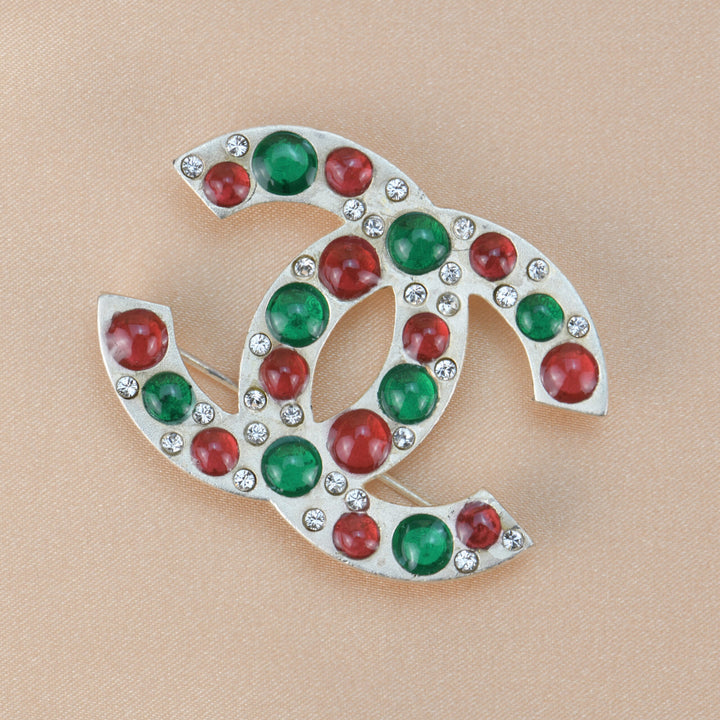 Chanel Silver Gilt CC Brooch with Vermilion and Emerald Green Gripoix