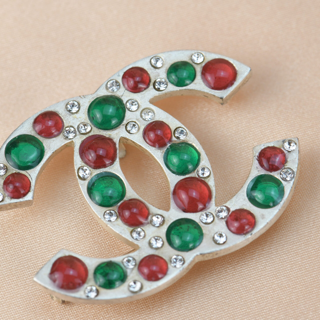Chanel Silver Gilt CC Brooch with Vermilion and Emerald Green Gripoix