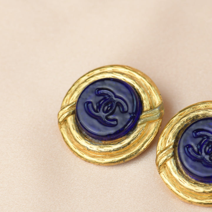 Chanel  Vintage Blue Gripoix CC Button Motif Clip-on Earrings