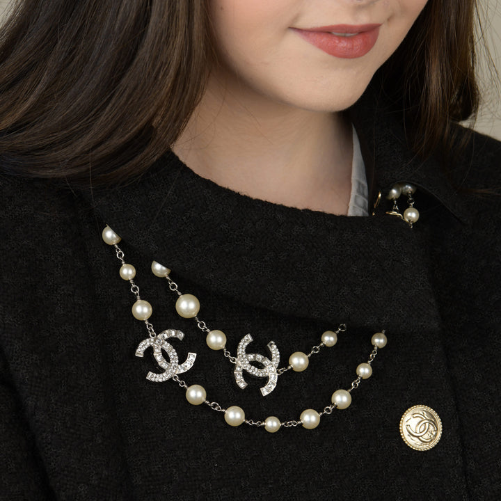 Chanel Pearl Sautoir Necklace with Three Big CC Logos