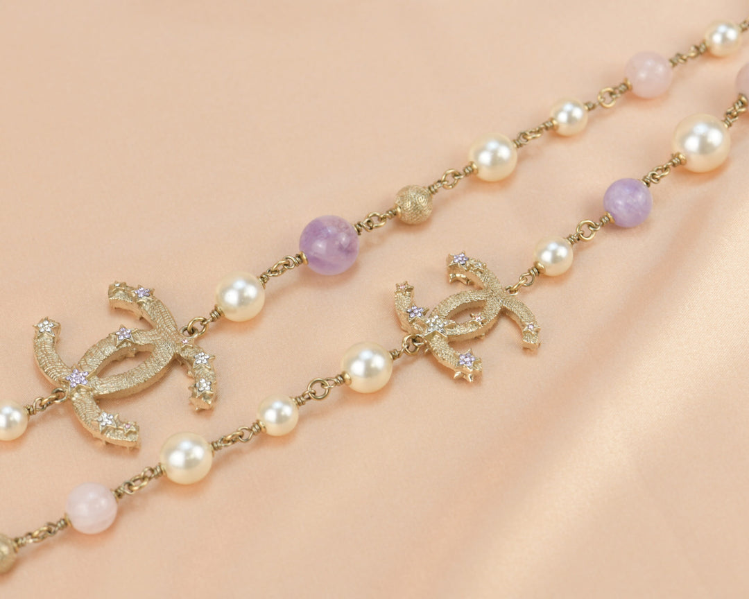 Chanel CC Crystal Pearl Star Necklace with Purple and Pink Gripoix