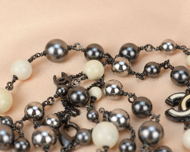 Chanel 2013 Pearl White and Black Beads CC Sautoir Necklace