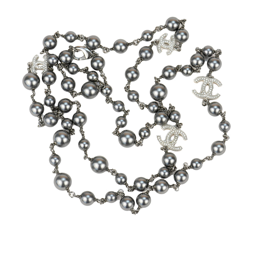 Chanel CC Pearl Crystal Silver Grey Long Necklace