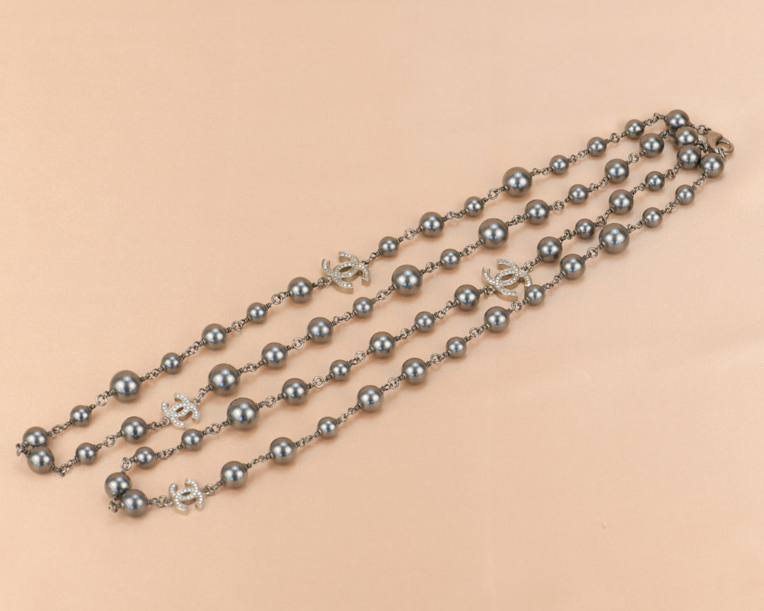 Chanel CC Pearl Crystal Silver Grey Long Necklace