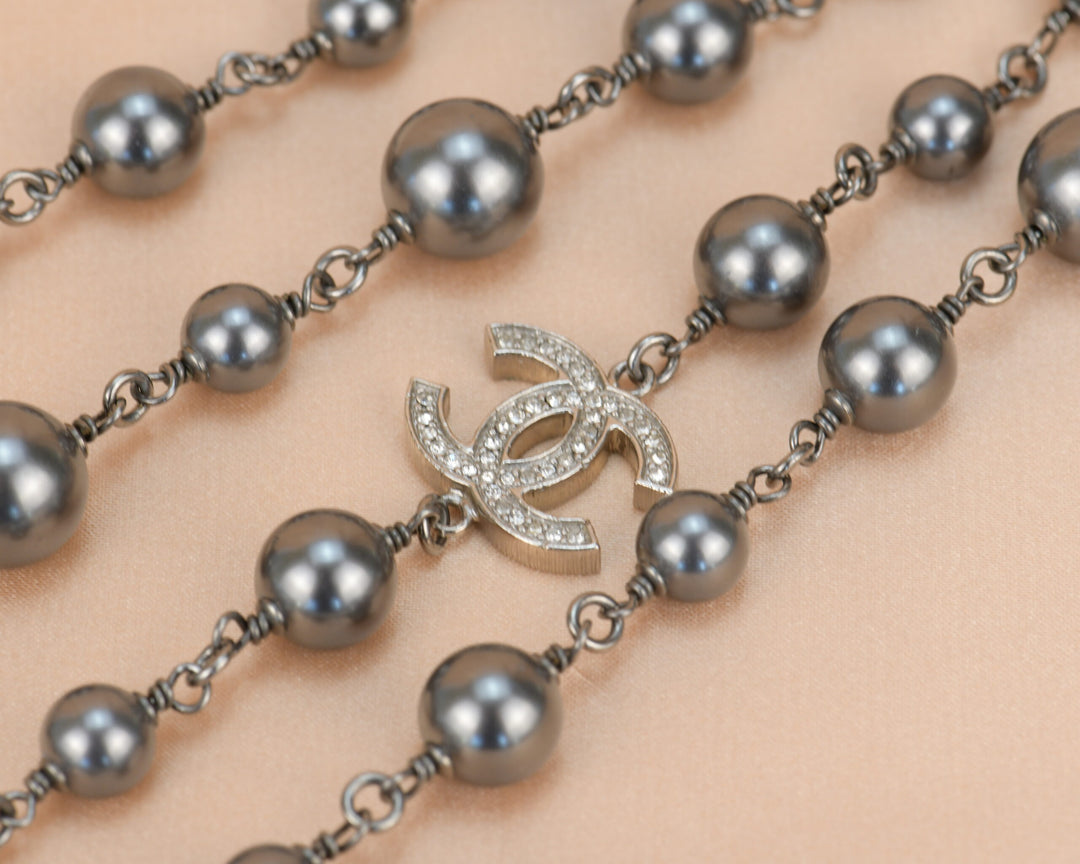 Chanel grey pearls with black beads long necklace