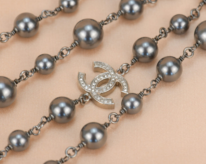 Chanel CC Pearl Crystal Silver Grey Long Necklace