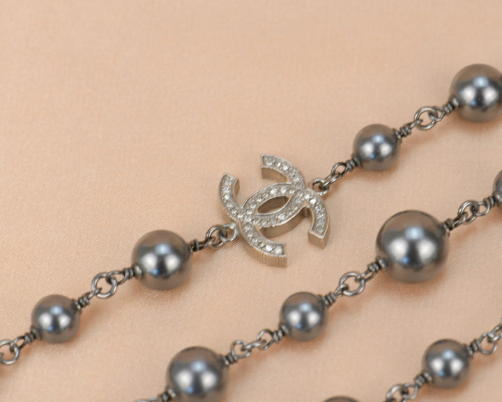 Chanel CC Pearl Crystal Silver Grey Long Necklace