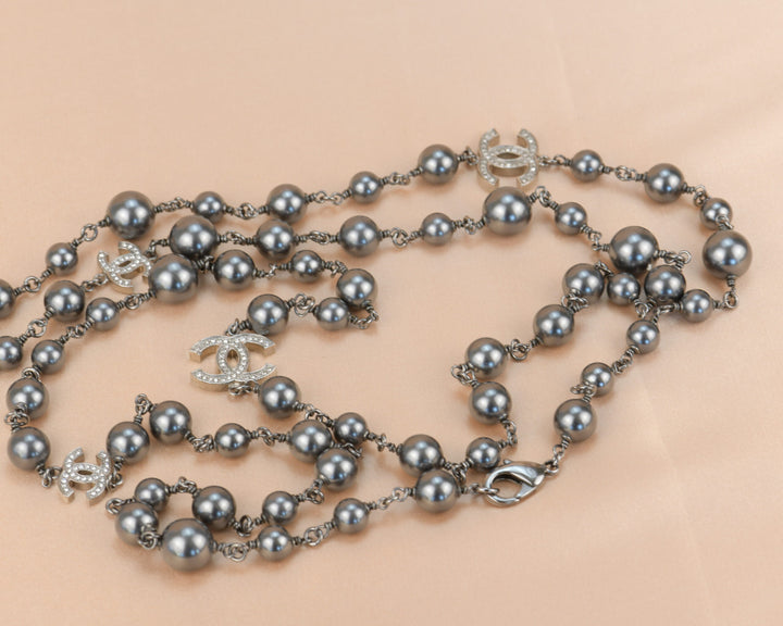 Chanel CC Pearl Crystal Silver Grey Long Necklace