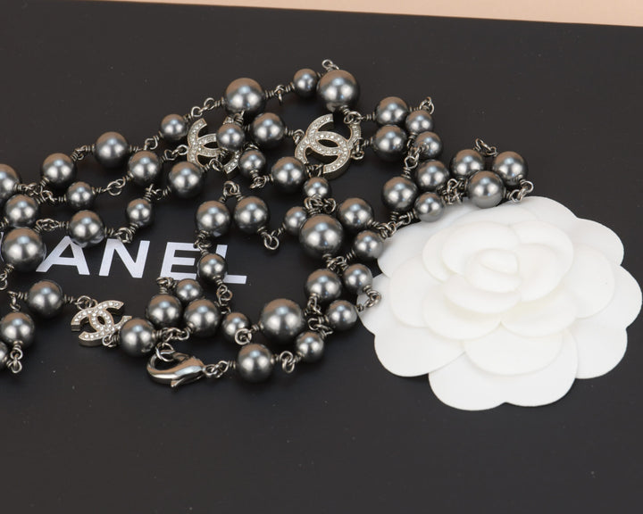 Chanel CC Pearl Crystal Silver Grey Long Necklace