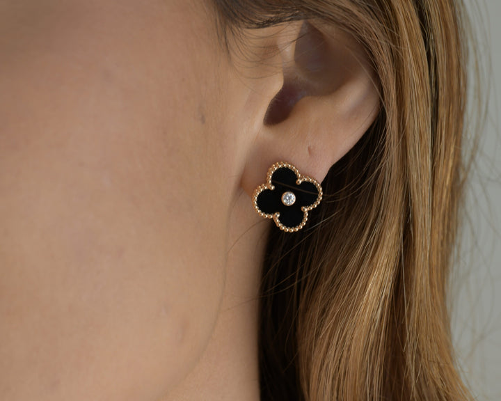 Van Cleef & Arpels Vintage Alhambra Limited Edition Onyx Diamond Gold Earrings modelling photo