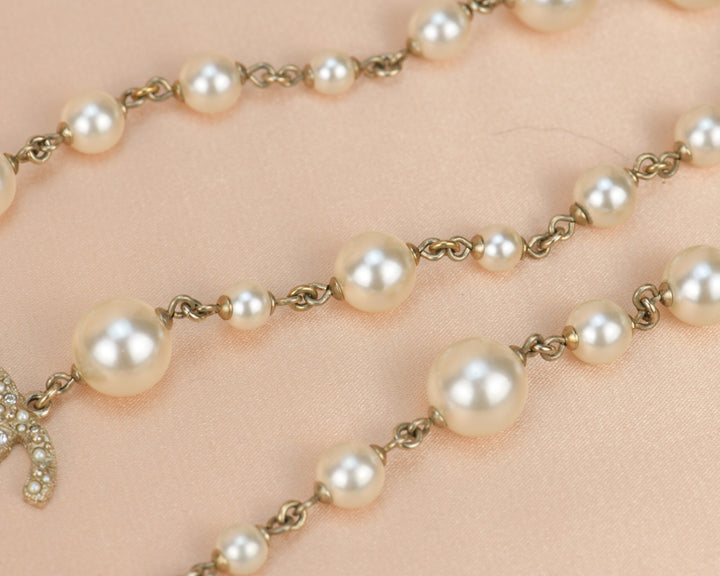 Chanel CC 2014 Crystal Camellia Pearl Long Necklace