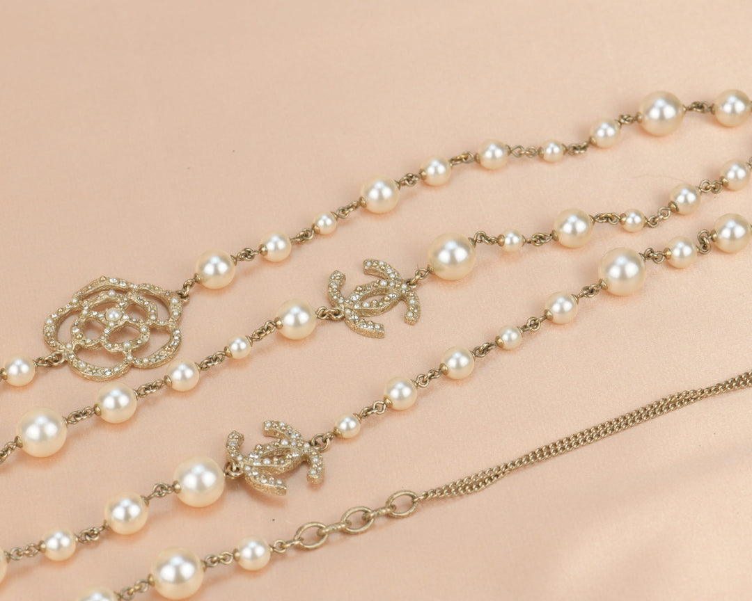 Chanel CC 2014 Crystal Camellia Pearl Long Necklace