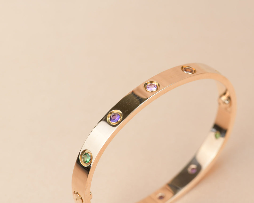 Cartier Love Bracelet Multi Gem Rainbow Rose Gold Size 16