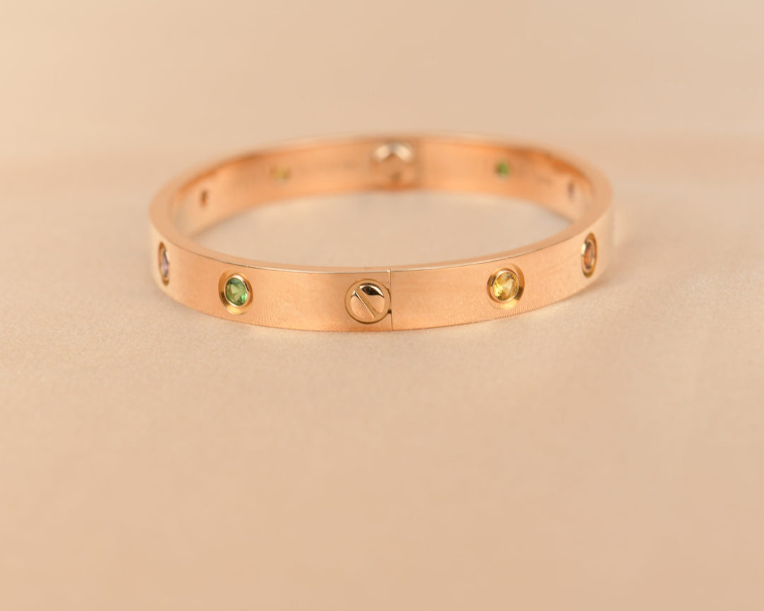 Cartier Love Bracelet Multi Gem Rainbow Rose Gold Size 16