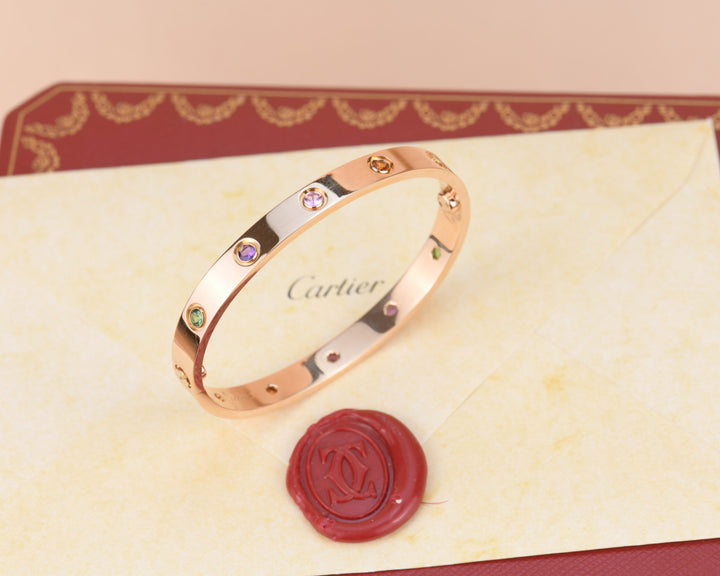 Cartier Love Bracelet Multi Gem Rainbow Rose Gold Size 16