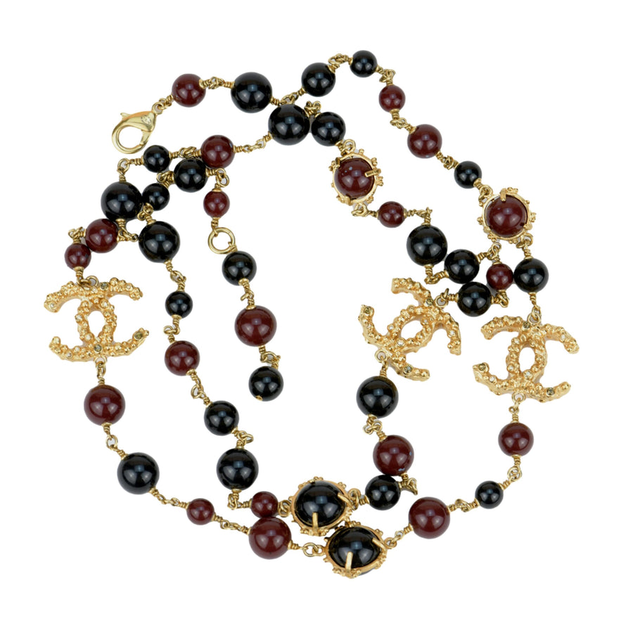 Chanel CC Long Strand Burgundy and Black Necklace