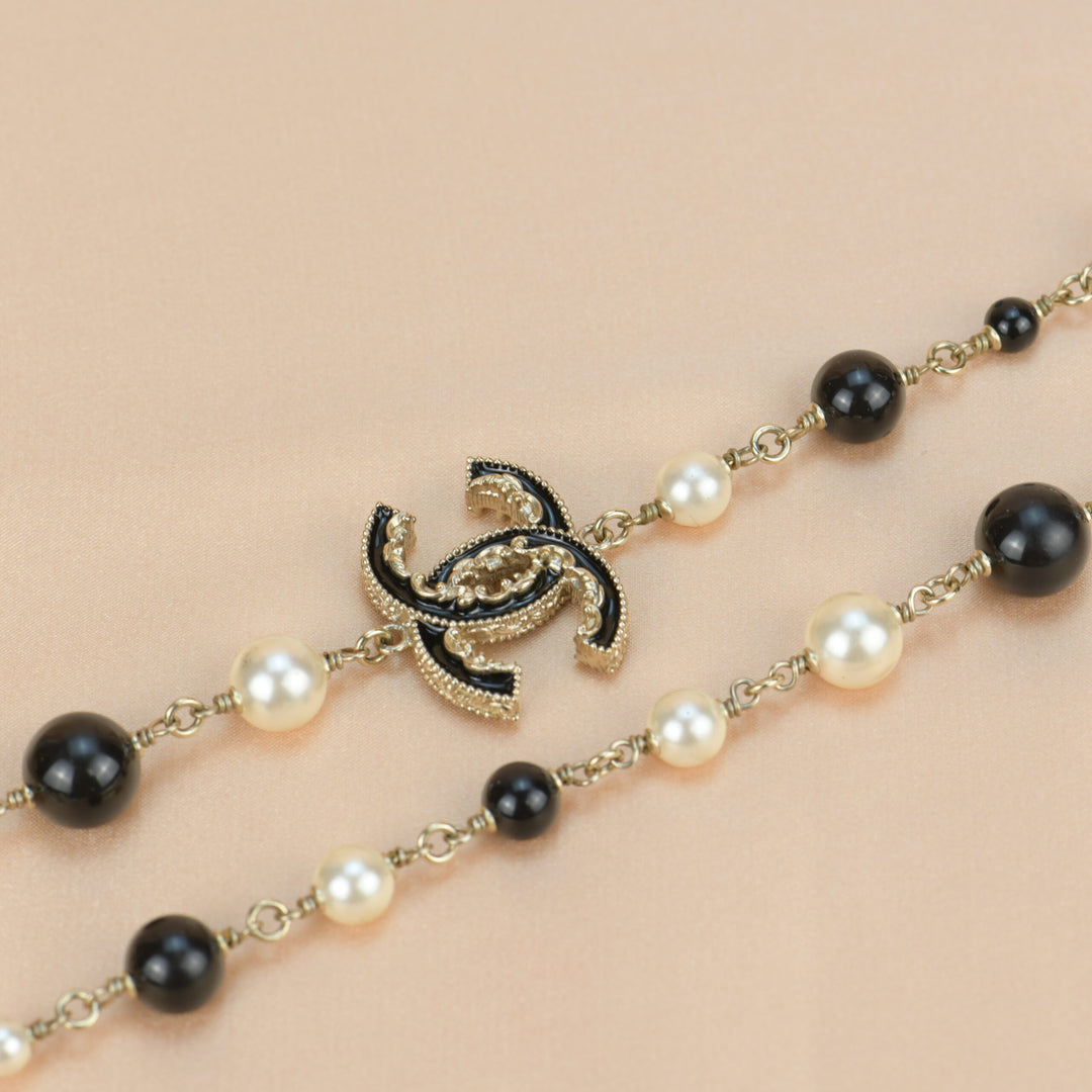 CHANEL 2014 Pearl & Black Beads CC Baroque Sautoir Necklace