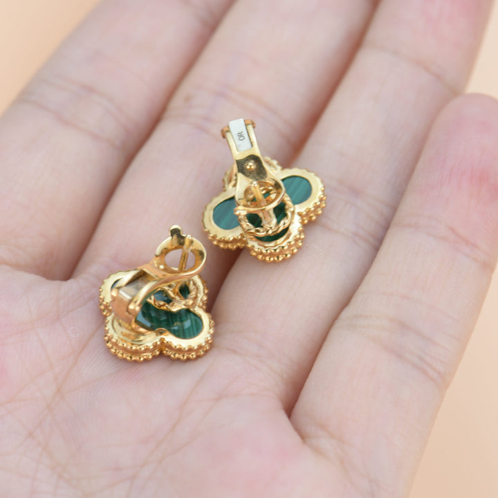 Van Cleef & Arpels Vintage Alhambra Malachite Yellow Gold Earrings backside photo