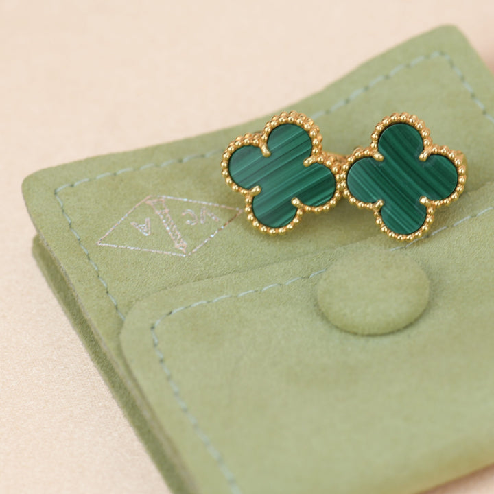 Van Cleef & Arpels Vintage Alhambra Malachite Yellow Gold Earrings with box