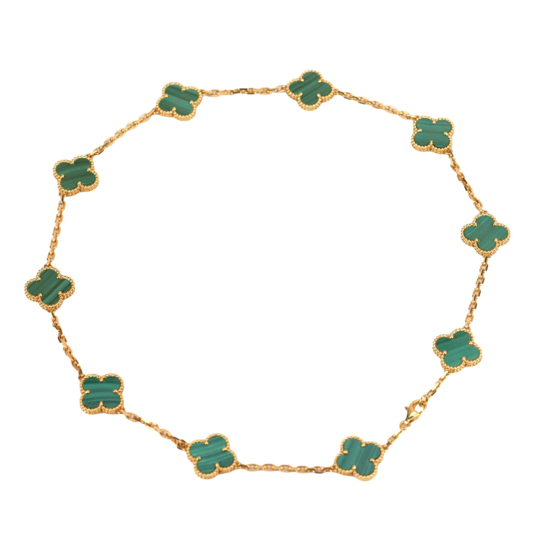 Vintage Alhambra necklace, 10 motifs 18K yellow gold, Malachite