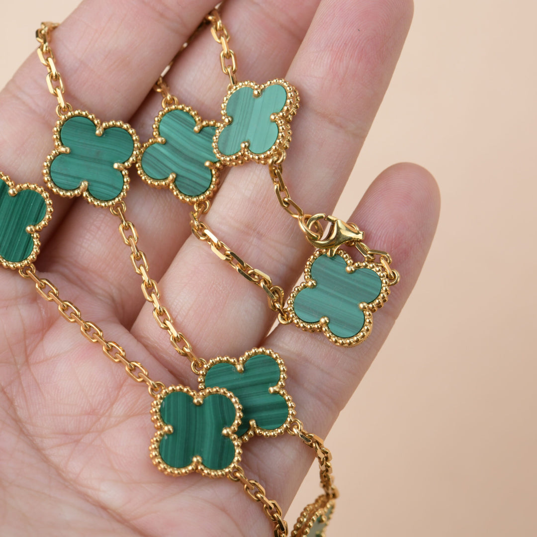 Van Cleef & Arpels Vintage Alhambra Malachite 10 Motif Gold Necklace