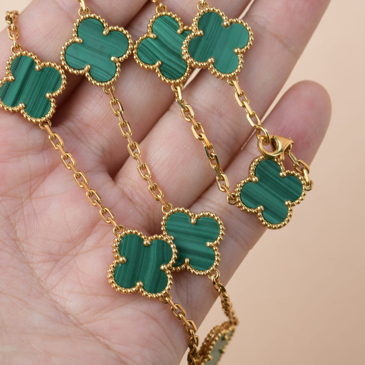 preowned Van Cleef & Arpels Vintage Alhambra Malachite 10 Motif Gold Necklace for sale