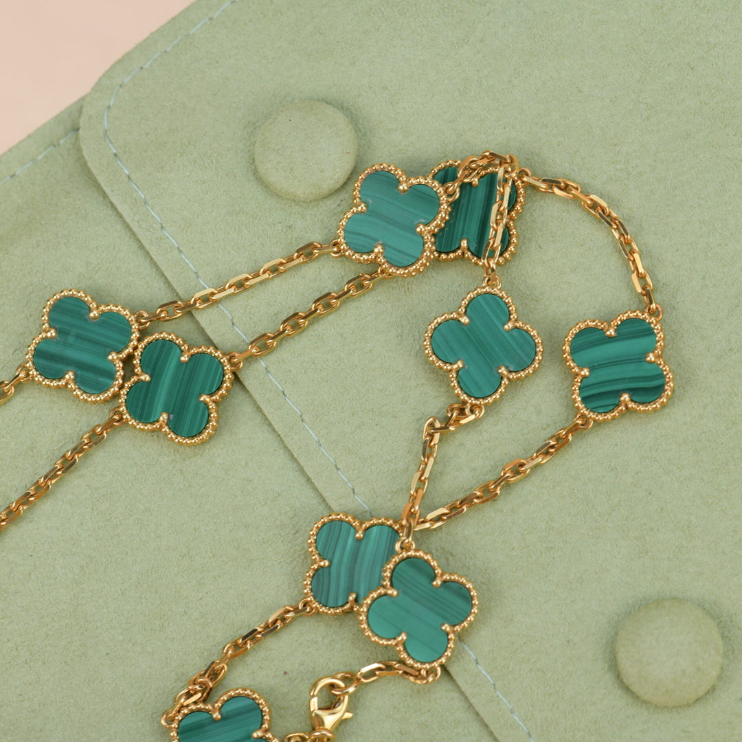 Van Cleef & Arpels Vintage Alhambra Malachite 10 Motif Gold Necklace