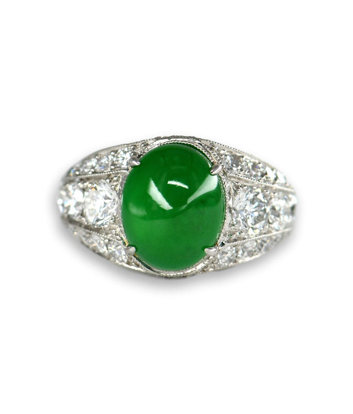 Oval Natural Untreated Jadeite Jade Cabochon Platinum Diamond Ring - SOLD