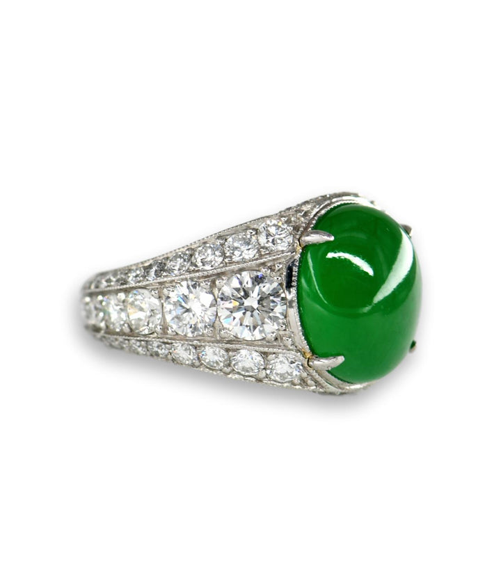 Oval Natural Untreated Jadeite Jade Cabochon Platinum Diamond Ring - SOLD