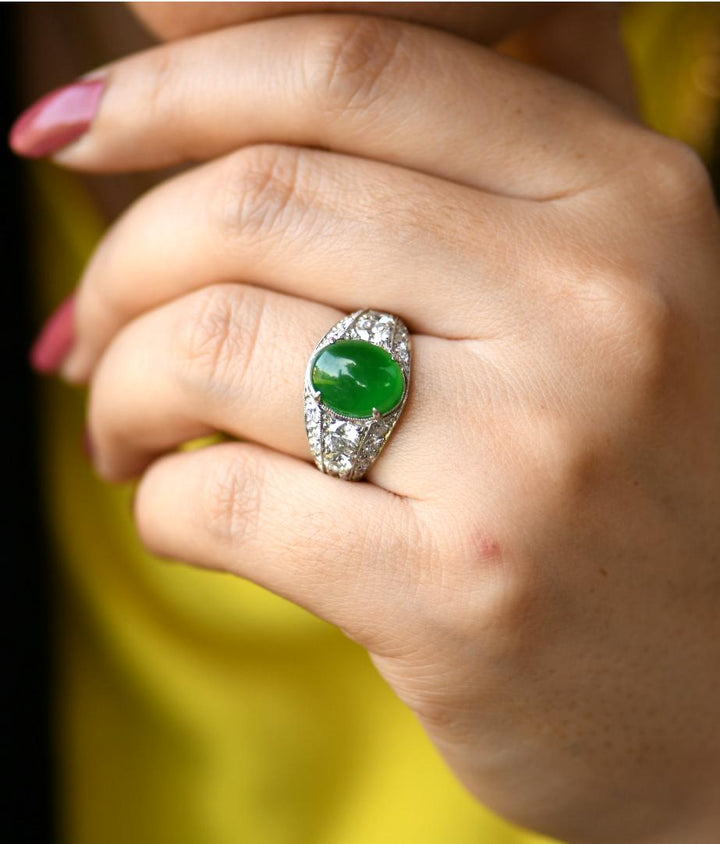 Oval Natural Untreated Jadeite Jade Cabochon Platinum Diamond Ring - SOLD