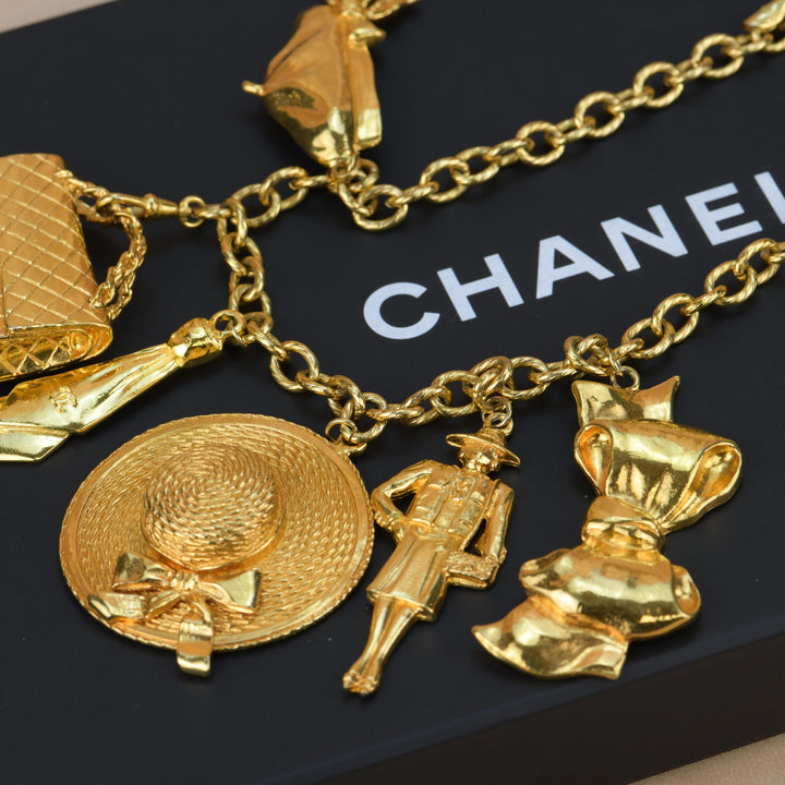 Chanel Vintage Gold Plated Chain Necklace with Six Iconic Charms
