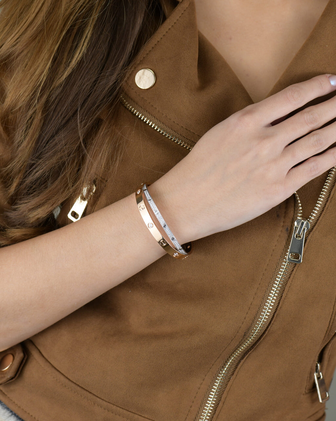 Cartier Love Bracelet Set in Rose and White Gold Pave Diamond modelling photo