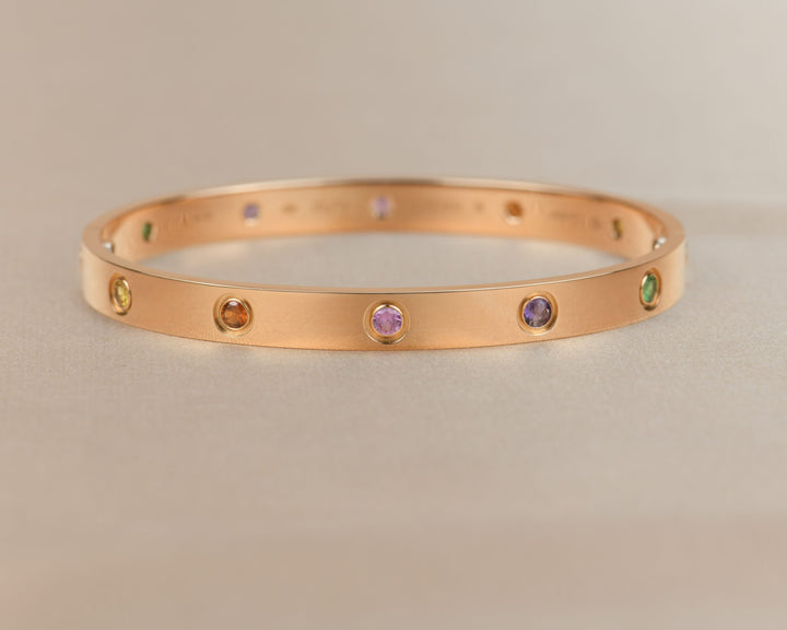 Cartier Love Bracelet Multi Gem Rainbow Rose Gold Size 18