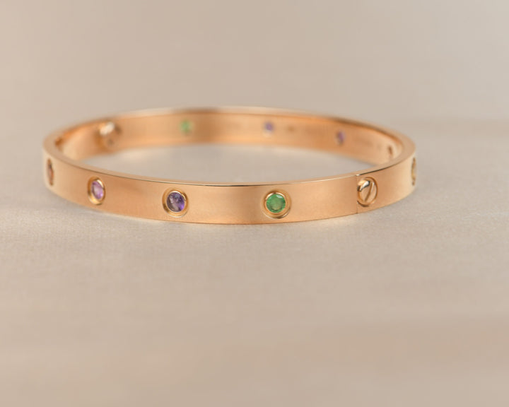 Cartier Love Bracelet Multi Gem Rainbow Rose Gold Size 18