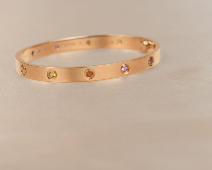 Cartier Love Bracelet Multi Gem Rainbow Rose Gold Size 18