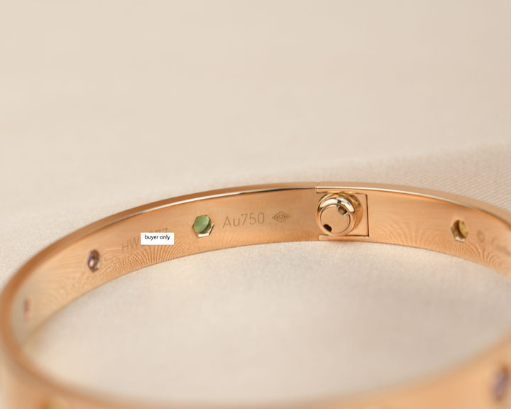 Cartier Love Bracelet Multi Gem Rainbow Rose Gold Size 18