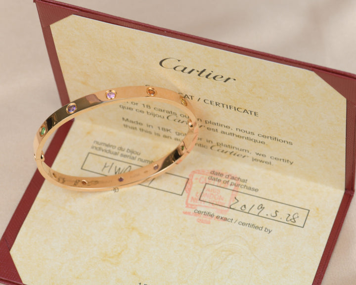 Cartier Love Bracelet Multi Gem Rainbow Rose Gold Size 18