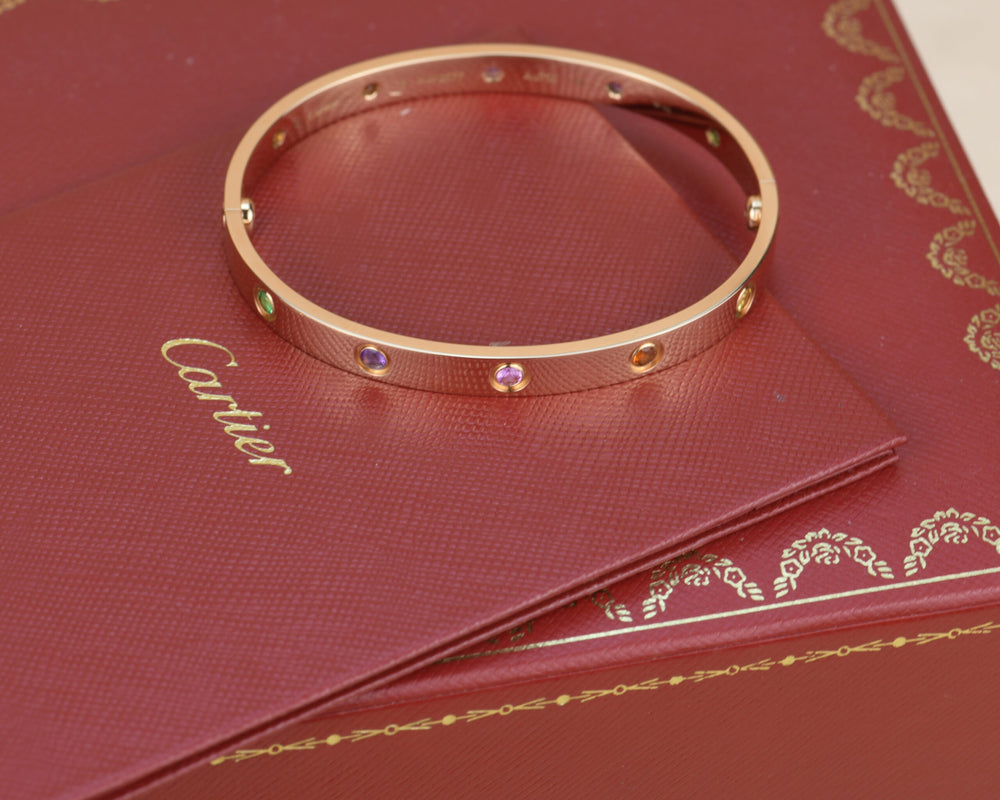 Cartier Love Bracelet Multi Gem Rainbow Rose Gold Size 18