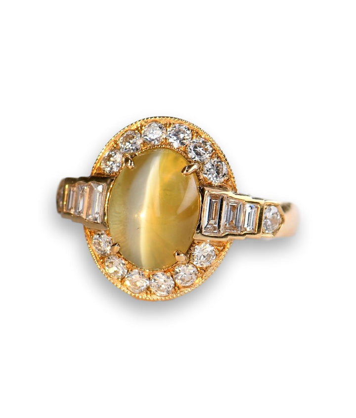 Art Deco Style Cat's Eye and Diamond Engagement Ring