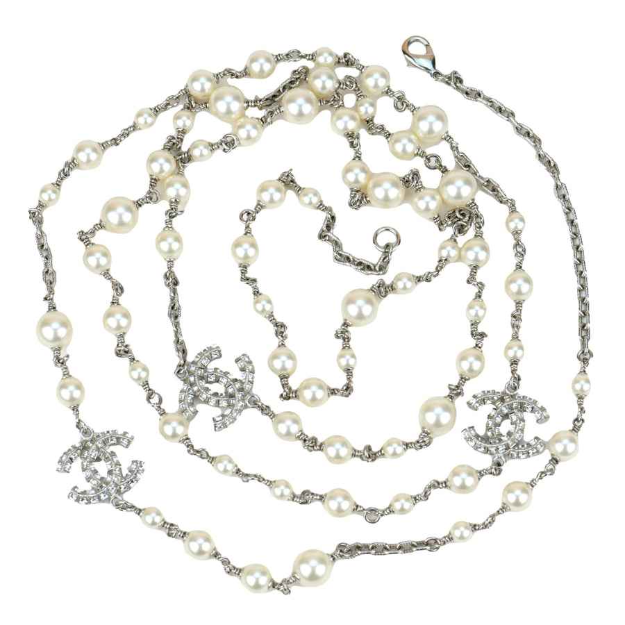 Chanel CC White Pearl and Crystal Long Necklace