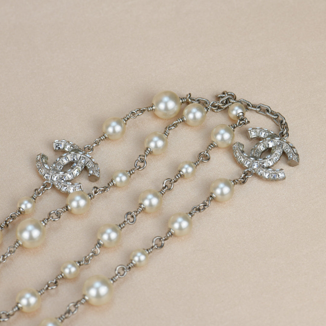 Chanel CC White Pearl and Crystal Long Necklace