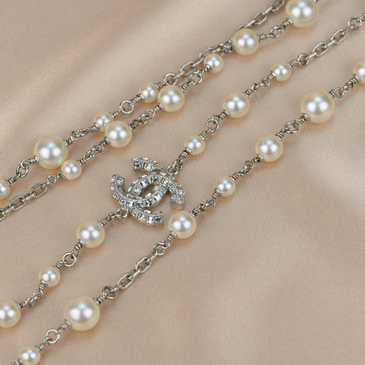 Chanel CC White Pearl and Crystal Long Necklace